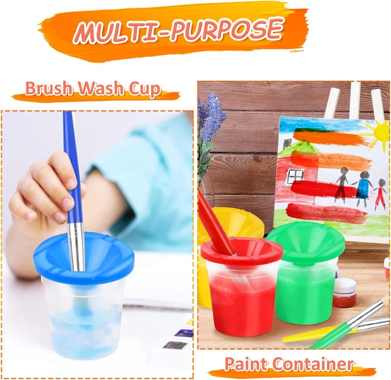 RNKP 4 Piece Children's No Spill Paint Cups with Colored Lids and 4 Piece Large Round Brush Set with Plastic Handles - Image 5
